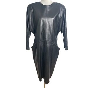 Vintage 80s Designer Vakko Black Leather Dress  Alt Goth Grunge Open Back 12 USA